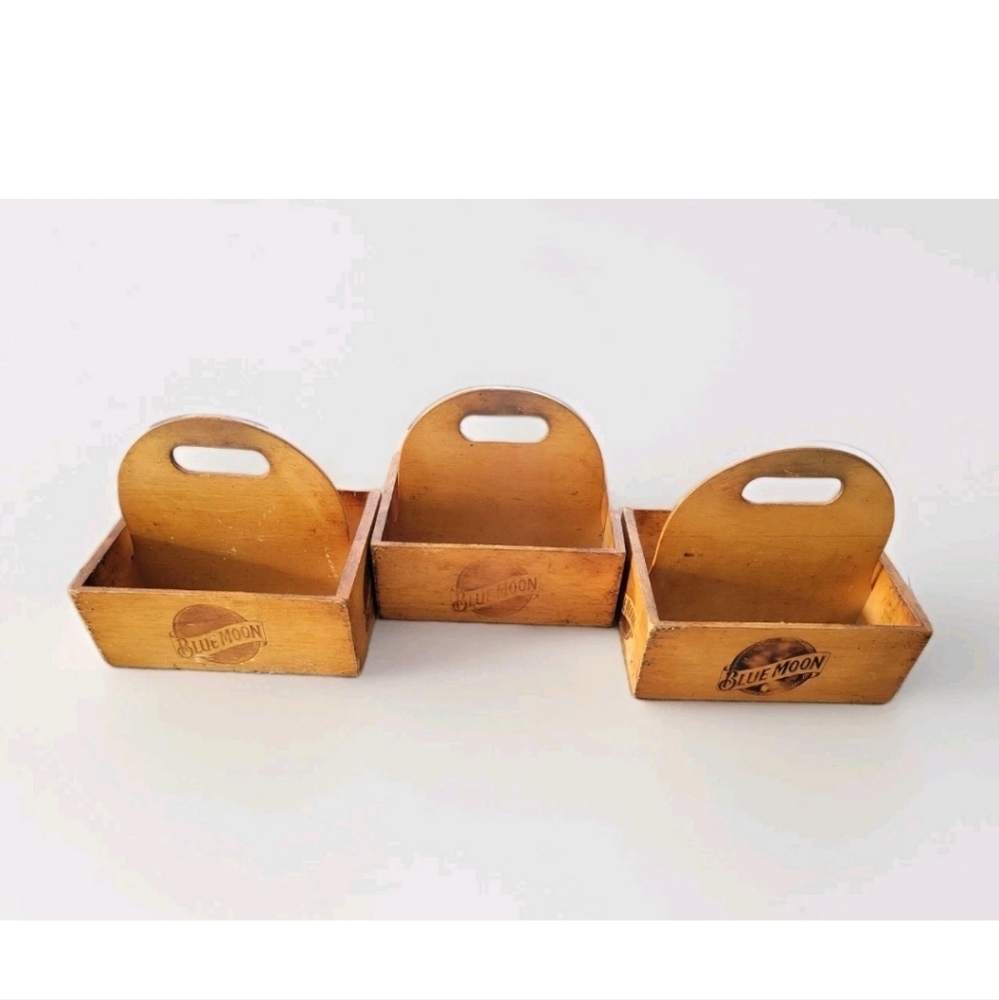 Set 3 Vintage Blue Moon Wooden Beer Bar Caddy 6 Pack Holder Condiment Restaurant